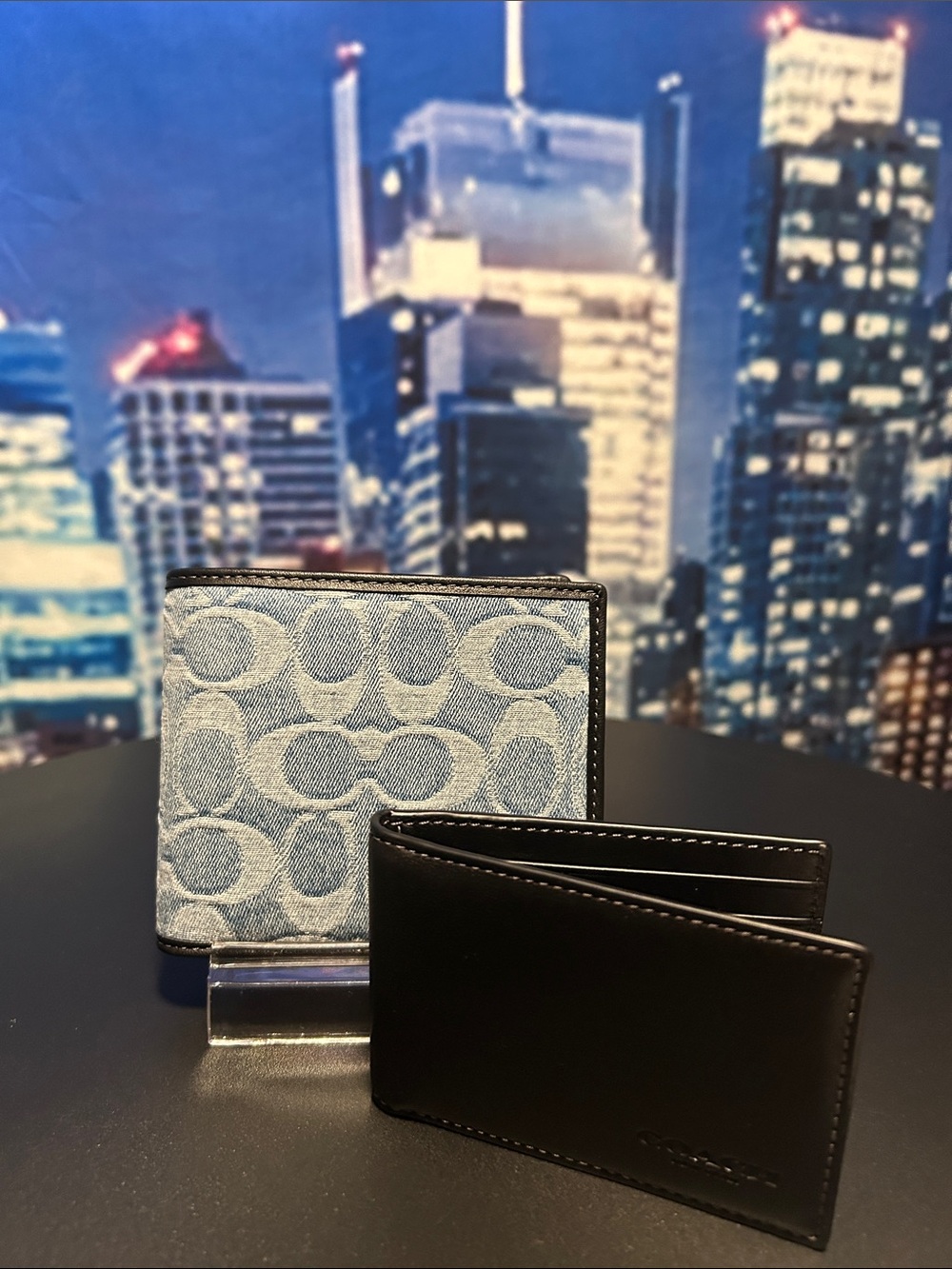 Coach Men's Denim Signature Canvas and Black Leather Bi-Fold Wallet Set